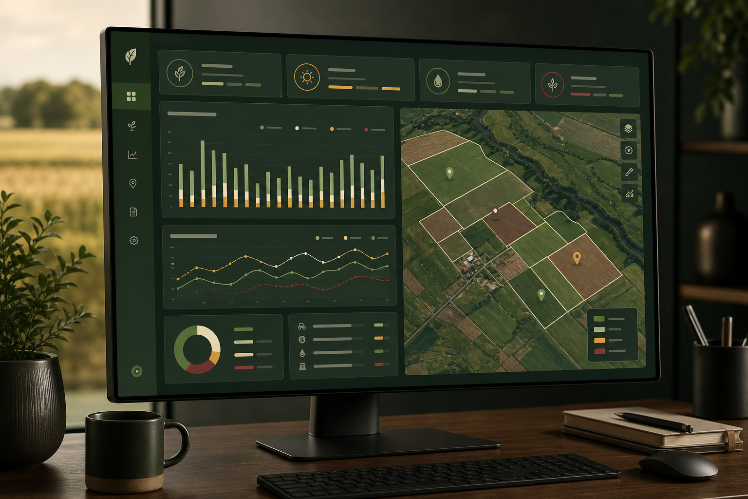 Dashboard agrícola con indicadores y mapas de parcelas