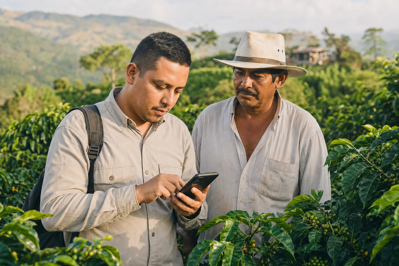 Técnico capturando datos con un smartphone junto a un productor de café